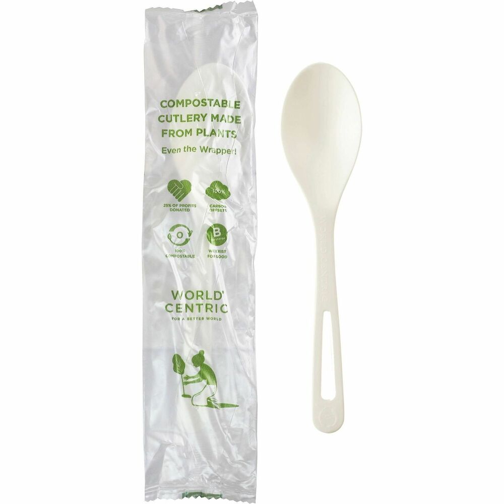 WORSPPSI - World Centric compstable 6in wrapped spoons are made from PLA polymer made from plants and Talc mineral filler. These utensils are certified compstable in a commercial facility, which may not exist in your area. The utensils may be washed in a dishwasher for reuse. The wrapper is also made from PLA and is compstable.