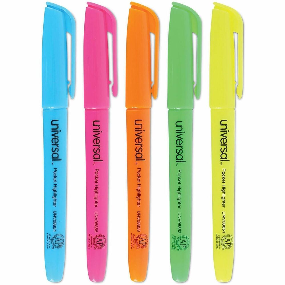 UNV08850 - Universal™ Pocket Highlighters are well-designed highlighting pens that feature bright, vibrant colors. The chisel tip allows for both broad and narrow lines. Long cap with pocket clip holds firmly on either end of the highlighter so it doesn't get lost. The bright ink stands out on the page and dries quickly. Enjoy effortless highlighting with a slender barrel that's comfortable and easy to hold.
