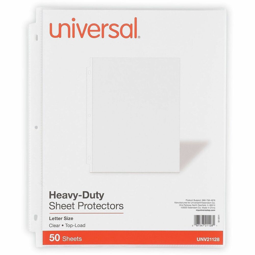 UNV21128 - Heavier gauge sheet protector withstands constant use and provides greater rigidity to inserts. Three-hole punched for 8.5 x 11 inserts. Reinforced edge and holes won't tear or rip even with heavy usage in binders. No photocopy transfer; archival quality.   