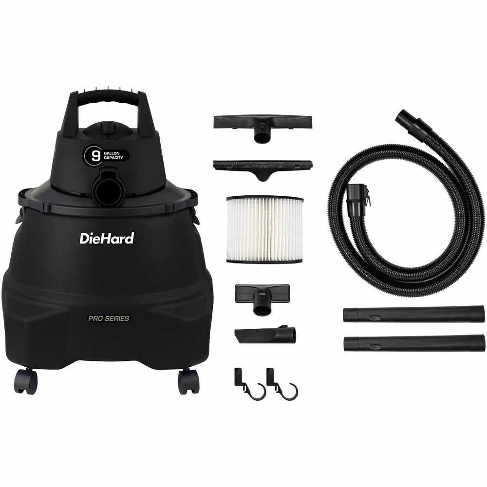 ESMDH7000501 - 9-Gallon 5.5 HP Pro Series Wet/Dry Vacuum delivers high-speed, turbo-driven suction with a 5.5 horsepower engine and 9-gallon capacity. It is capable of vacuuming both wet spills and dry debris from your garage, jobsite or car. Vacuum includes a convenient blower feature; ergonomic handle; caster wheels; 7' hose; 10' power cord; and two extension wands for a better reach. It also comes equipped with a cartridge filter, crevice tool, pickup tool and floor tool with squeegee.
