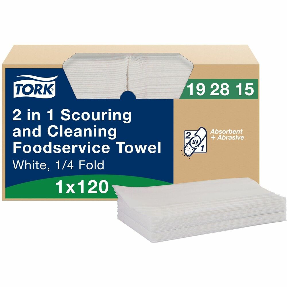 TRK192815 - Tork 2 in 1 Scouring and Cleaning Foodservice Towel White:Say goodbye to stubborn messes with the help of Tork 2 in 1 Scouring and Cleaning Food Service Towels. These towels are abrasive and absorbent, helping you clean your facility more efficiently and effectively. These non-scratch scouring pads are reusable, allowing you to minimize waste by rinsing and reusing. Plus, they're soft and flexible, allowing you to target even those hard-to-reach areas.Advantages at a glance:FSC certifiedAbrasiveAbsorbentReusableSoft and flexibleNon-scratch designSelf-dispensing boxEasy to useEfficient cleaningBreaks up hard-to-reach messes2 in 1Compatible with Tork W25 dispensers.