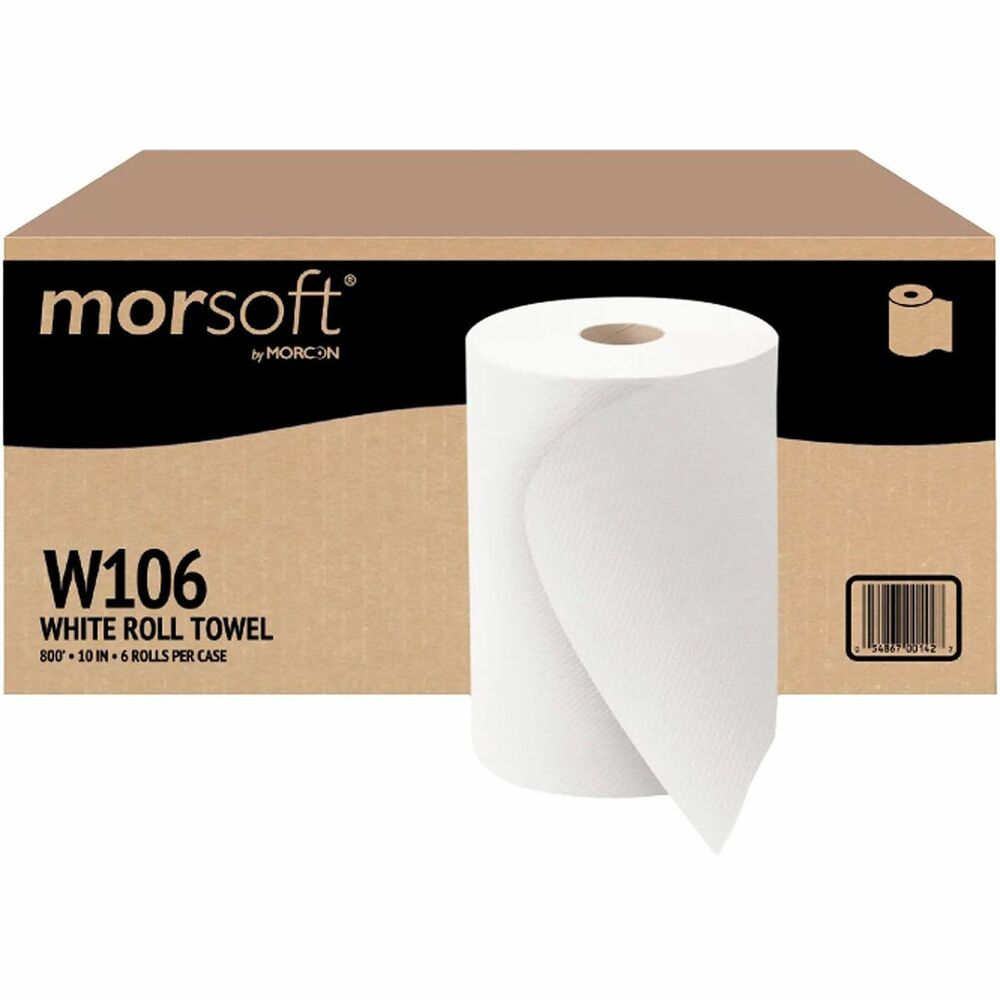 MORW106 - Morsoft 10" Hardwound Roll Paper Towels are an environmental option for customers who buy in bulk and need a hard-working towel at a great value. These smooth, non-abrasive hardwound towels are safe on most surfaces and remains durable when wet. Non-abrasive towels are ideal for use across commercial, industrial, foodservice and healthcare settings. This high-capacity roll towel is made from recycled material and meets EPA guidelines for post-consumer content. Towels are compatible with the VT1010 Hardwound Towel Dispenser, and most other universal 10" dispensers.
