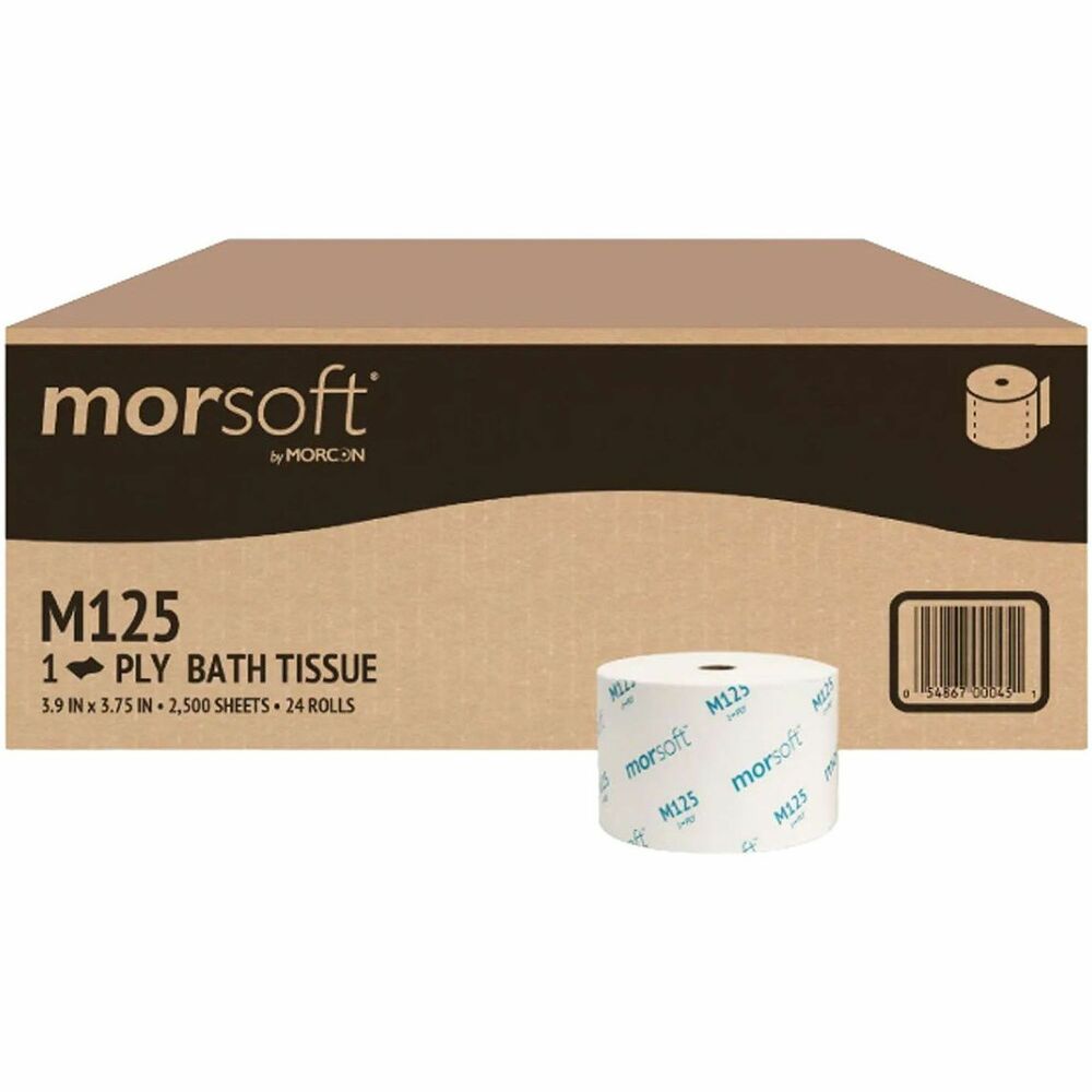 MORM125 - Morsoft Porta-Potty Bath Tissue with a small 1" core is soft and strong. It is durable and thick for an improved restroom experience. This economical choice is great for any busy bathroom. High-capacity rolls of one-ply tissue are designed for small spaces, such as porta johns, and reduce labor and waste. Each sheet of this embossed bathroom tissue measures 3.9" x 3.75".