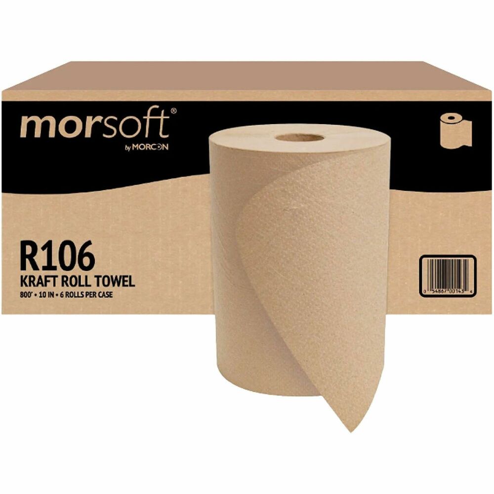 MORR106 - Morsoft 10" Hardwound Roll Paper Towels are an environmental option for customers who buy in bulk and need a hard-working towel at a great value. These smooth, non-abrasive hardwound towels are safe on most surfaces and remains durable when wet. Non-abrasive towels are ideal for use across commercial, industrial, foodservice and healthcare settings. This high-capacity roll towel is made from recycled material and meets EPA guidelines for post-consumer content. Towels are compatible with the VT1010 Hardwound Towel Dispenser, and most other universal 10" dispensers.