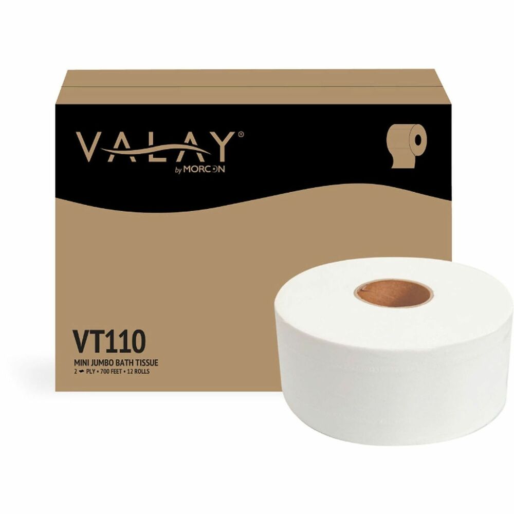MORVT110 - Keep restrooms stocked and efficient with Valay VT110 Two-Ply Mini Jumbo Toilet Paper Rolls. Soft, absorbent tissue is ideal for medium to high-traffic areas, reducing the need for constant refills. Made with sustainability in mind, this roll is EPA-compliant and designed to break down quickly, making both eco-friendly and plumbing-friendly. A reliable choice for comfort, performance and value.