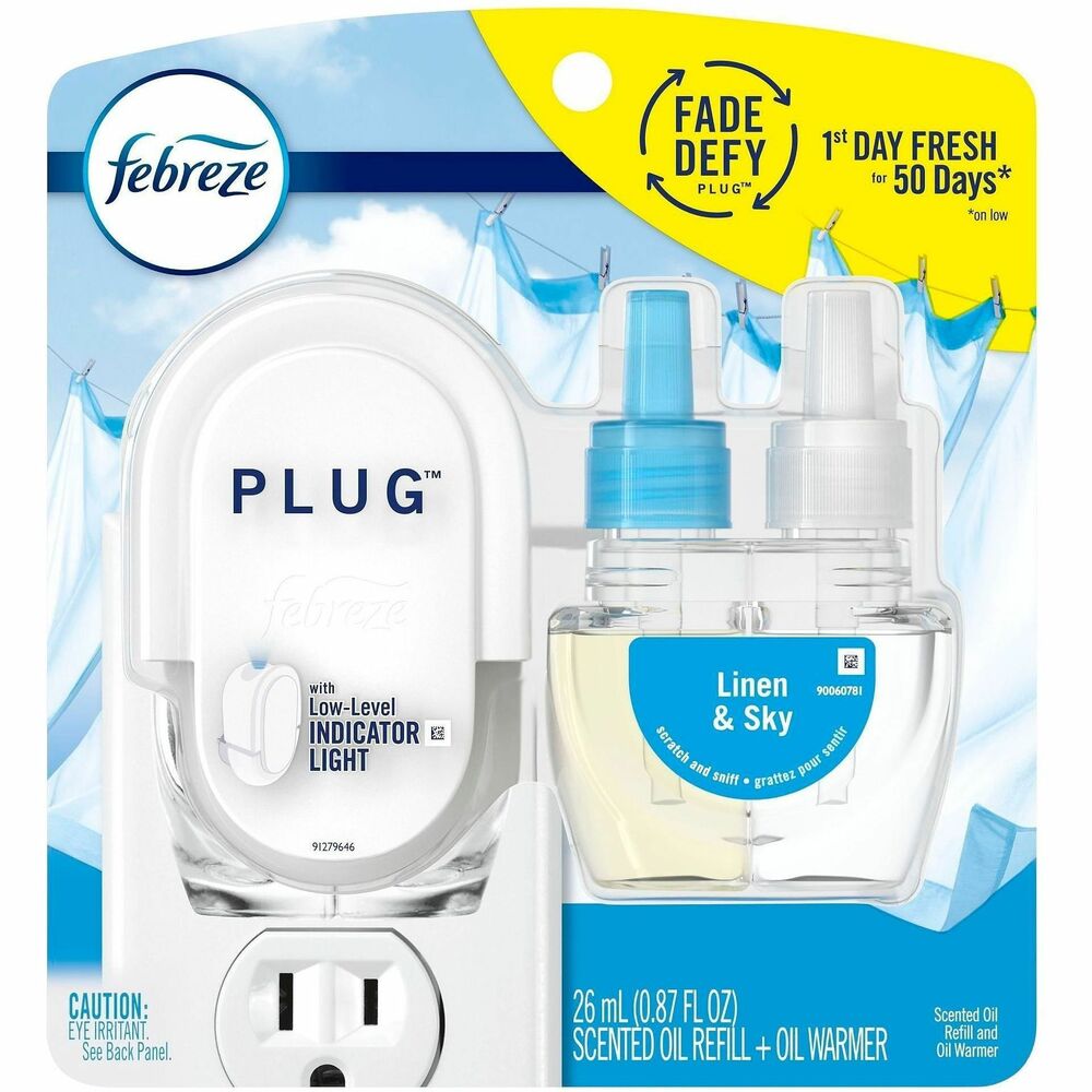 PGC68235 - Fade-Defy PLUG Air Freshener delivers first-day fresh that lasts 50 days (on low setting). Simply refill your Febreze Fade-Defy PLUG with these scent-refill packs, plug in to any outlet in high-traffic areas and enjoy. Enjoy scents of clean laundry with Linen and Sky. Use to eliminate unpleasant odors and refresh kitchens, bathrooms and more.