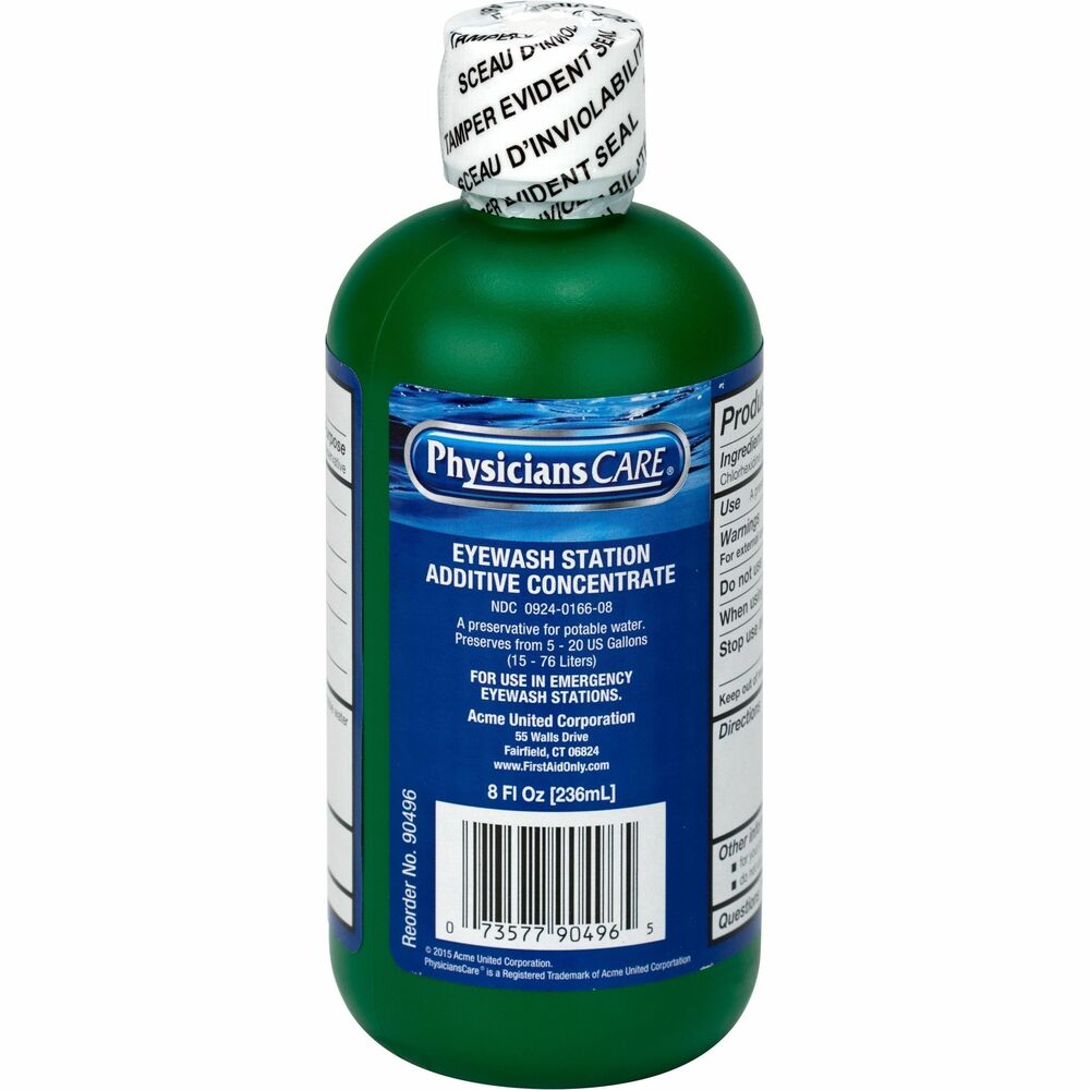 FAO90496 - Eyewash Additive Concentrate creates 5 to 20 gallons of eyewash per bottle. It's perfect for use with eyewash stations. Breakaway seal lets you know if the preservative was tampered with or previously opened.