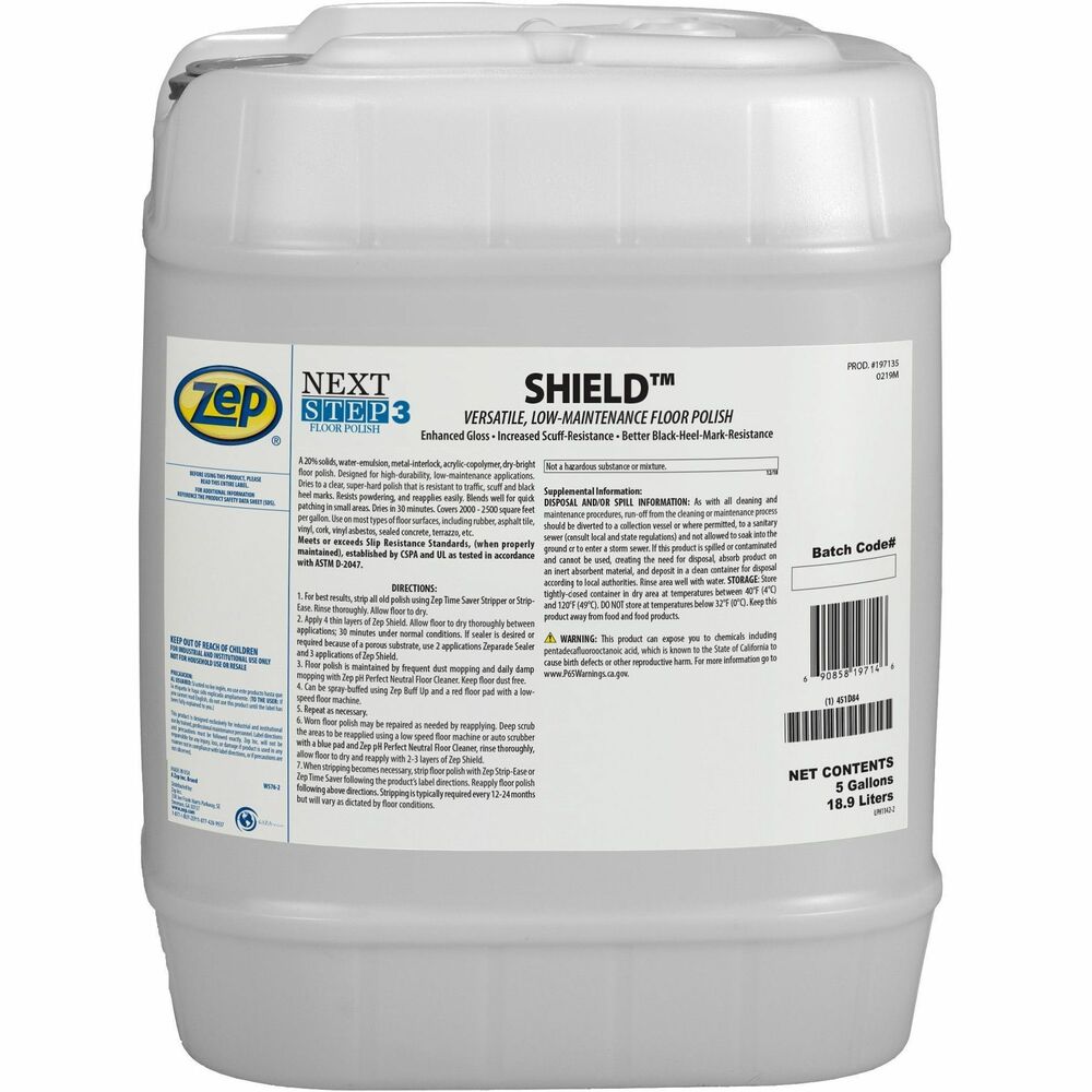 ZPE197135 - Shield - a water-based, high-gloss, dry-bright floor polish - provides extreme durability and low maintenance. It resists traffic scuffs and black heel marks for a professional-looking floor. Each coat is easy to apply and dries in 30 minutes. Floor finish blends well with existing polish and removes with Zep floor strippers. It levels with no streaks or mop trails left behind. Shield is part of Zep's Next Step system of floor-care products and meets or exceeds slip-resistance standards (when properly maintained) established by CSPA and UL as tested in accordance with ASTM D-2047. Floor polish is useful in airport terminal services, building contractor services, childcare services, department stores, eating/drinking establishments, hotels/motels, large retail stores, nursing homes, hospitals, schools/education services, sports/recreation clubs and supermarkets.   