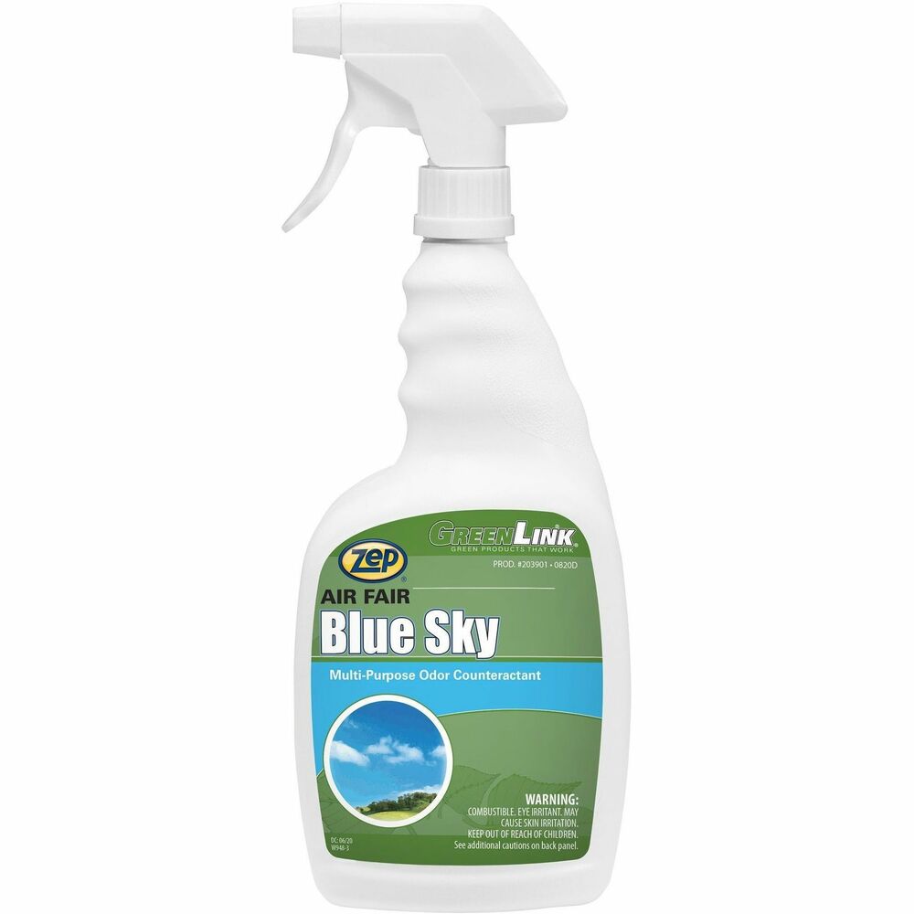 ZPE203901 - Air Fair Blue Sky is an environmentally friendly, water-based deodorant that contains a concentrated, highly effective blend of odor-neutralizing and masking agents. All-purpose design eliminates odors from stale cigarettes, cigar smoke, body wastes, food spillage, garbage, cooked foods, perspiration, pets and fire damage. Formula imparts a nice, fresh fragrance to the treated area. Ready-to-use spray does not require dilution. Spray bottle with trigger provides easy handling and doesn't cause waste or spills. Just a small amount delivers effective odor control and keeps working after several days or more in certain applications. Noncorrosive spray contains no phosphates or carcinogens and is made for industrial and business use only.