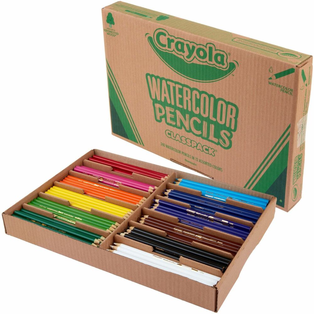 CYO687507 - Stock up on Crayola Watercolor Pencils for the whole classroom to share! This 240ct Bulk Watercolor Colored Pencils set features 12 assorted colors including: Sky Blue, Red, Blue, Magenta, Orange, Violet, Brown, Yellow, Green, Yellow Green, White, and Black. These unique Colored Pencils work with water to create fun watercolor effects, as well as dry for a more traditional coloring experience. With sticks of each color, this box is designed to last through DIY crafts, arts and crafts projects, and homework assignments all year long. Made from reforested wood and pre sharpened for easy use, Crayola is committed to providing premium quality drawing tools for artists of all ages. Safe and nontoxic, ideal for children ages 5 and up.