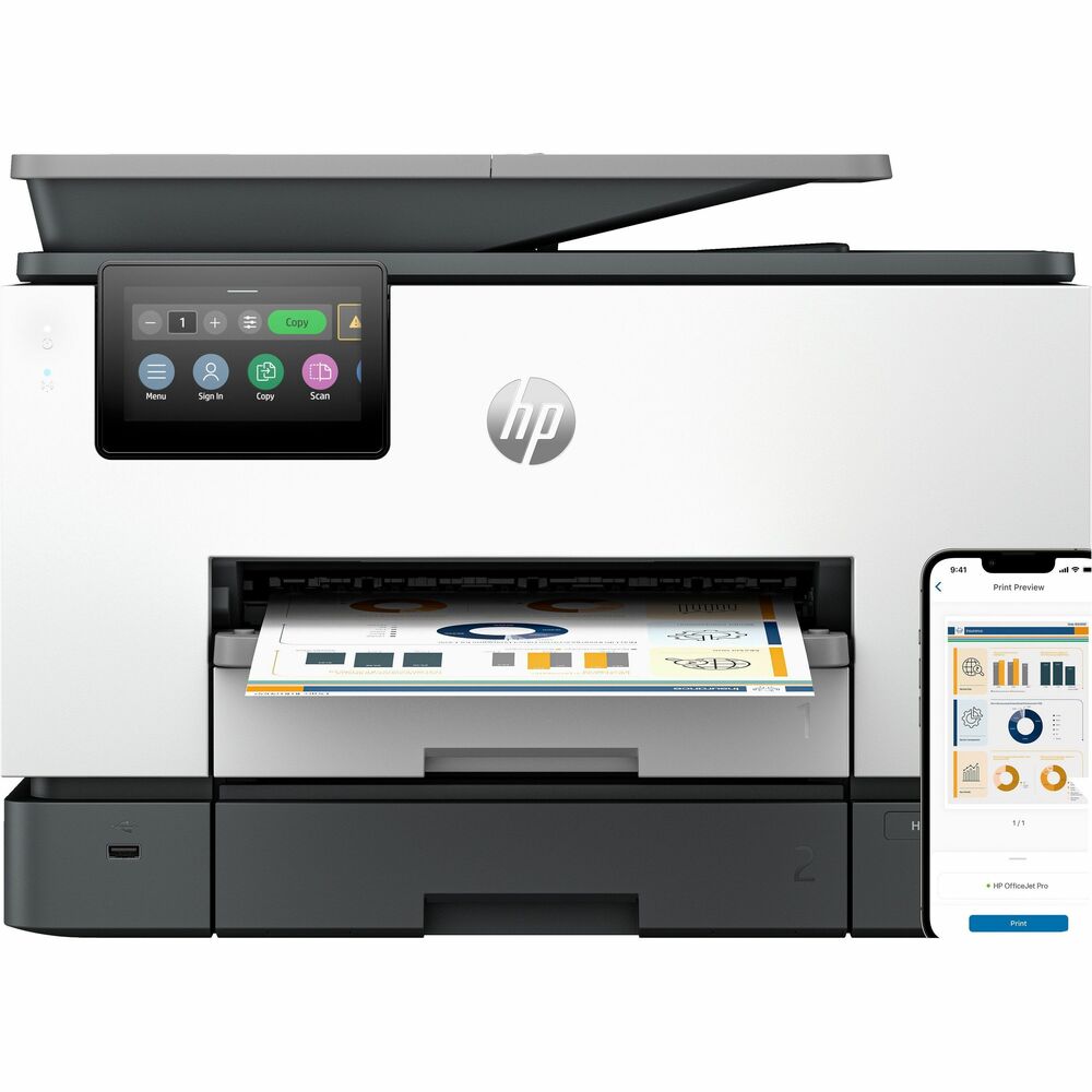 HEW4U555A - OfficeJet Pro 9130b All-in-One Printer is paired with HP's best technology to accommodate offices and hybrid workers to print, copy, scan and fax from the same device. Easily deploy, integrate and set up your fleet of printers across multiple locations. It prints black/white documents as fast as 25 ppm and 19 ppm for color documents. Printer features automatic duplex printing, two-sided auto document feeder and 1200 x 1200 render dpi resolutions for black/white documents. Scan documents as fast as 18 ipm in black/white and color. Print from your smartphone using mobile printing apps such as Apple AirPrint and Mopria. Stay connected with reliable, dual-band, self-healing Wi-Fi that automatically reconnects. Connect using Ethernet, Hi-Speed USB 2.0 or Wi-Fi. Auto on/off technology helps save energy. 4.3" touch-screen controls allow easy navigation.