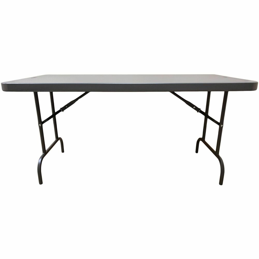 NSN7110901 - Highly durable, but light and easy to carry, this folding table is made of blow-molded, high-density polyethylene plastic resin with a sturdy steel frame. It is 30 percent lighter in weight than standard wood laminate folding tables, but far more durable. Table resists water, chemicals, stains, scratches and impact. Tabletop features soft, beveled, radius edges. Heavy-gauge, gray, powder-coated steel legs have cross-bracing for enhanced stability. Legs fold into underside cavity for safe storage and easy transport. Nonmar plastic feet on legs won't scratch your floors. Use indoors or outdoors. Table meets ANSI/BIFMA standards.   
