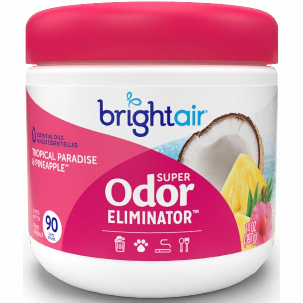 BRI901076 - Give yourself a breath of fresh air with Super Odor Eliminator to help continuously remove unwanted odors and leave a tropical, island-paradise scent with notes of juicy pineapple, coconut and hibiscus. Formulated with a cruelty-free, plant-based gel and fragrances with natural essential oils, it effectively helps eliminate odors in medium-size spaces while providing a fresh fragrance experience. Simply set it anywhere in the home or office. The container's venting lid provides freshness for up to 90 days, requiring no plugs or batteries.
