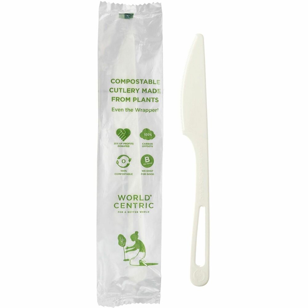 WORKNPSI - World Centric 6.7" wrapped knives are made from PLA (polymer made from plants) and Talc (mineral filler). These utensils are certified in a commercial facility, which may not exist in your area. The utensils may be washed in a dishwasher for reuse. The wrapper is also made from PLA and is . The teardrop-shaped opening in the handle of our cutlery is a trademark of World Centric.