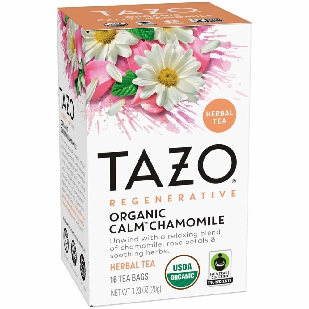 TZO00354 - Regenerative Organic Calm Chamomile Herbal Tea offers an infusion of mellow organic chamomile, sweet organic rose petals and soothing organic herbs to help you unwind and relax. It is caffeine-free so you can enjoy it any time of day. Individually wrapped tea packets keep the tea fresher and are easy to use. Made from Fair Trade Certified ingredients grown with regenerative agriculture practices, it's better for the people who grow it and the land where it's grown. For best brewing of this caffeinated tea, boil fresh, filtered water to 175 degrees and allow to cool slightly. Then pour 8 oz. of this water over the tea bag in a cup. Let steep for 3 minutes.