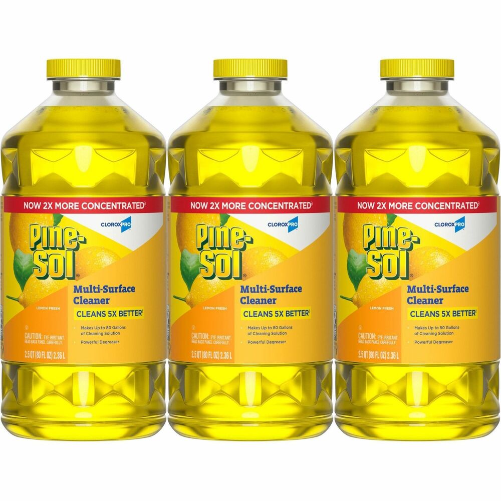 CLO60607 - With Pine-Sol Multi-Surface Cleaner from CloroxPro, you only need one product to fight tough dirt, grease and grime. Twice-concentrated formula delivers more cleaning power per drop than previous Pine-Sol Pine formula when used as directed on hard, nonporous surfaces. Easier to handle and easier to store, the space-saving bottle gives you more cleaning solution in a smaller bottle made of 30 percent less plastic vs, previous Pine-Sol 144 oz. bottle. Multipurpose cleaner cleans, deodorizes and disinfects in one step, killing 99.9 percent of germs (salmonella, Staph, Influenza A virus and SARS-CoV-2 ) and leaving a classic pine scent. It cuts through grime and soap scum and is safe for use on wood, tile, stone, glass and more when used as directed on hard, nonporous surfaces. Do not use on marble, aluminum, copper or wood that is unfinished, unsealed, unpainted, waxed, oiled or worn.