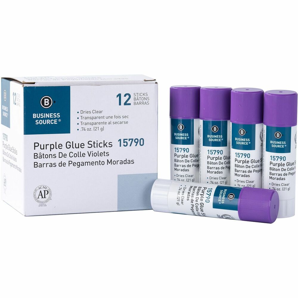 BSN15790 - Glue stick features easy-to-use, solid stick formulation. Applicator twists up for use and retracts for storage. Rub onto paper, fabric, photos, and cardboard. Purple color dries clear. Nontoxic glue is permanent but does wash out if washed immediately. Otherwise, residue may remain. Acid-free glue conforms to ASTM D4236.