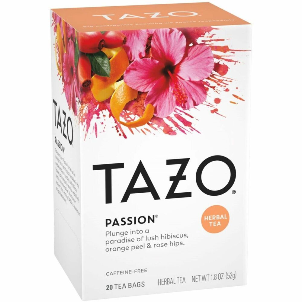 TZO20045 - Take your taste buds to the tropics. Tazo Passion herbal infusion is an exuberant herbal infusion of hibiscus, orange peel, rose hip, passion fruit flavor, and a lively hint of cinnamon spice. Each tea filter bag is individually wrapped and easy to use.