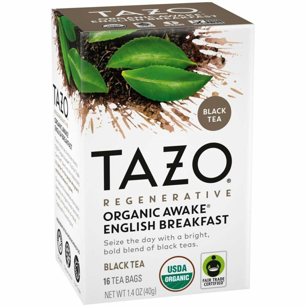 TZO00303 - Regenerative Organic Awake English Breakfast gives you an organic black tea that's smooth, strong and robust. Made from Fair Trade Certified ingredients grown with regenerative agriculture practices, this blend of black teas delivers a bold taste and it's better for the people who grow it and the land where it's grown. For best brewing of this caffeinated tea, boil fresh, filtered water to 175 degrees and allow to cool slightly. Then pour 8 oz. of this water over the tea bag in a cup. Let steep for 3 minutes.