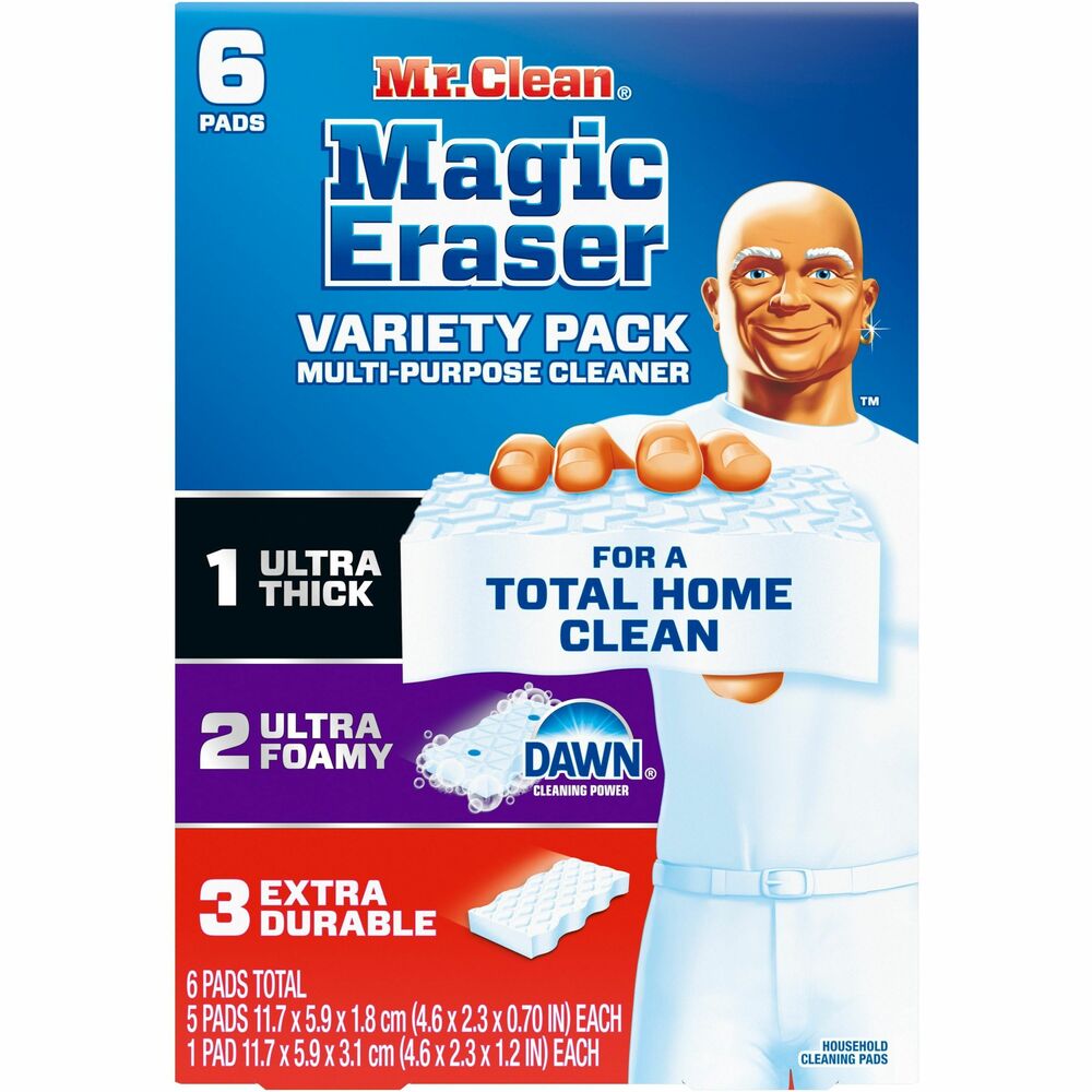 PGC12396 - Mr. Clean Magic Eraser Variety Pack includes an Ultra Thick Magic Eraser, two Ultra Foamy Magic Erasers and three Extra Durable Magic Erasers. Mr. Clean's longest-lasting eraser, Ultra Thick, lasts seven times longer so you can tackle more messes all around the house. Ultra Foamy Magic Erasers combine the cleaning power of Dawn with the scrubbing power of Magic Eraser for a clean like you've never seen. Just wet, squeeze and let the foam help you clean more than 150 messes around your home. No more sponges or other cleaning products needed. All-purpose cleaner erasers work on tough and tricky messes all over the house, even outdoors. Clean sticky messes in the microwave, soap scum in the shower, rings in the bathtub, greasy counters, glass stovetops, patio furniture, permanent marker stains, wine stains and more. Add Mr. Clean Magic Erasers to your arsenal of cleaning supplies.