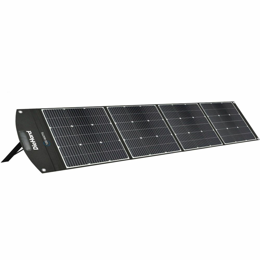 ESMDH2000501 - Portable, 19-volt solar panel is equipped with 120 watts of peak power. Foldable, flexible design is IP65 water-resistant and includes a 9.8' universal connector cable and an angle-adjustable stand. It is the perfect companion to a DieHard portable power station (not included), giving you green power wherever you need it. Unit operates in all types of weather and withstands extreme temperatures from 14 degrees to 158 degrees Fahrenheit.
