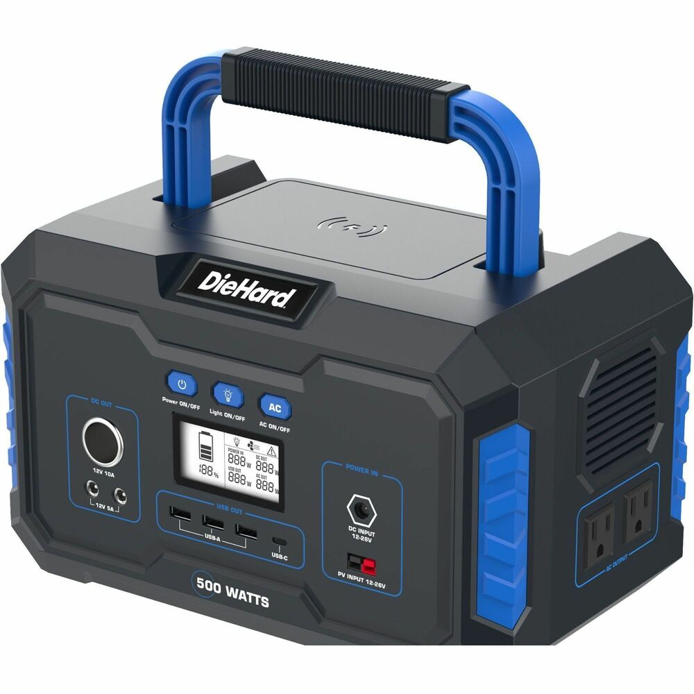 ESMDH2000201 - Lightweight and portable, lithium-ion power station is equipped with 500 watts to power cell phones, laptops, lights, fans and other devices during power outages while working on-the-go, camping, visiting the beach, tailgating or working jobsites. Power station features nine charging output ports, ensuring long-lasting power for a variety of devices. Plug in an optional solar panel (not included) to generate true green power wherever you go.