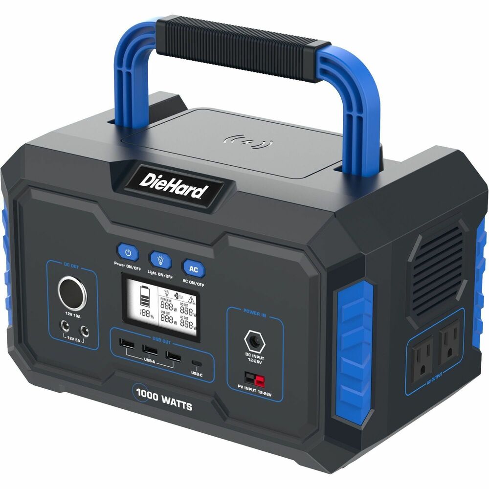 ESMDH2000301 - Portable, lithium-ion power station is equipped with 1000 watts to power cell phones, laptops, lights, fans, mini fridge, small appliances and other devices during power outages while working on-the-go, camping, visiting the beach, tailgating, working jobsites and enjoying outdoor events. Power station features nine charging output ports, ensuring long-lasting power for a variety of devices. Plug in an optional solar panel (not included) to generate true green power wherever you go.