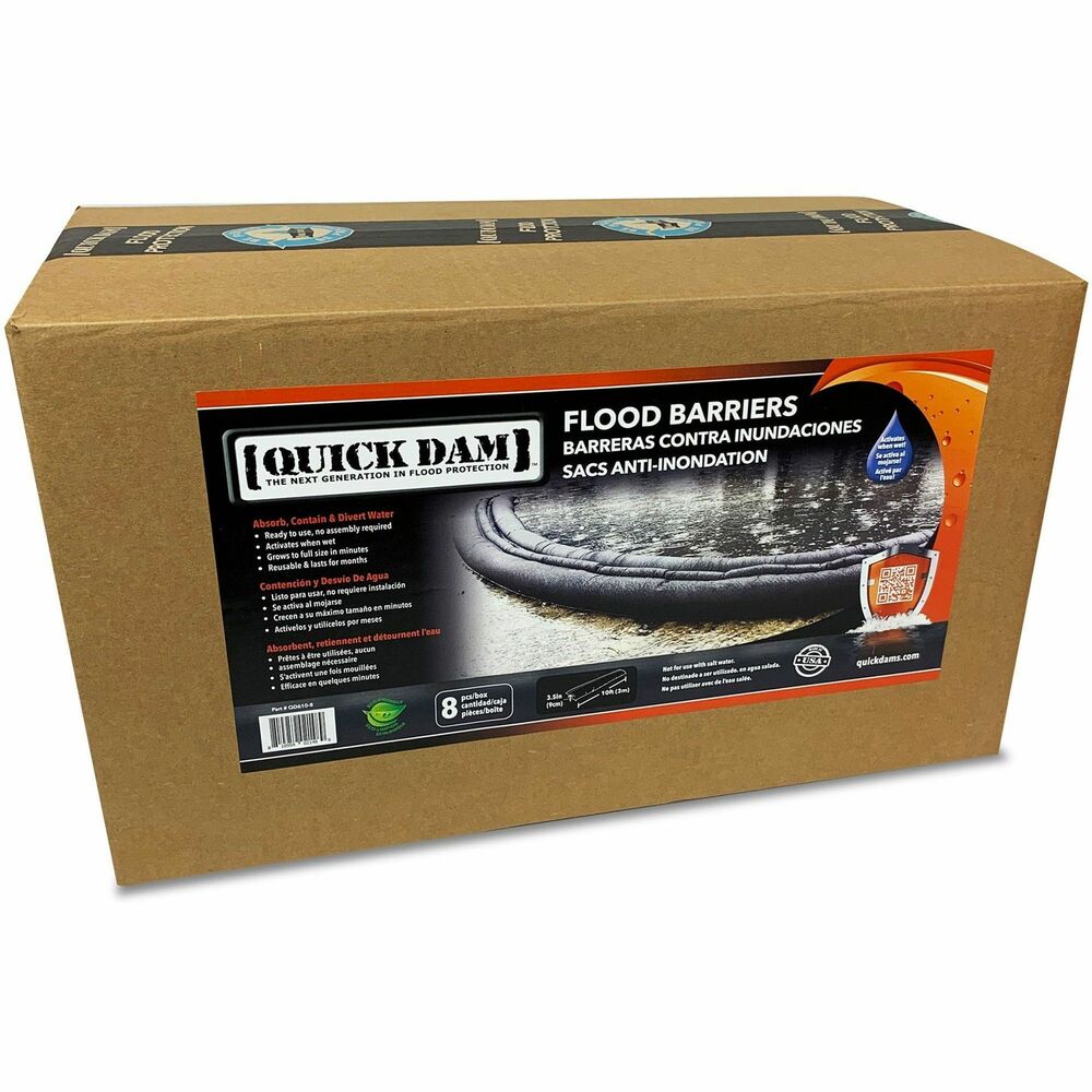 APRQD6108 - Flood Barriers absorb, contain and divert problem floodwater to help protect your property from the dangers of flooding. They activate when wet and require no sand. Each 10' long barrier absorbs 8 gallons of water and swells to 64 lb. and expands to 3.5" high in 10 minutes. This compact, lightweight flood control is quick and easy to deploy. Flexible design conforms to shapes and can also be dragged for easy maneuverability. Inner absorbent turns to gel and creates a barrier. Dual-lobe chamber prevents rolling out of position. Leave in place for ongoing protection. Setup requires no additional tools or supplies. Barriers are safe, nontoxic and nonhazardous. Discard into regular trash when you no longer need them.