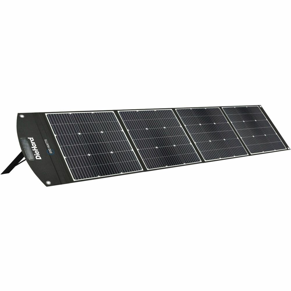 ESMDH2000601 - Portable, 20-volt solar panel is equipped with 200 watts of peak power. Foldable, flexible design is IP65 water-resistant and includes a 9.8' universal connector cable and an angle-adjustable stand. It is the perfect companion to a DieHard portable power station (not included), giving you green power wherever you need it. Unit operates in all types of weather and withstands extreme temperatures from 14 degrees to 158 degrees Fahrenheit.