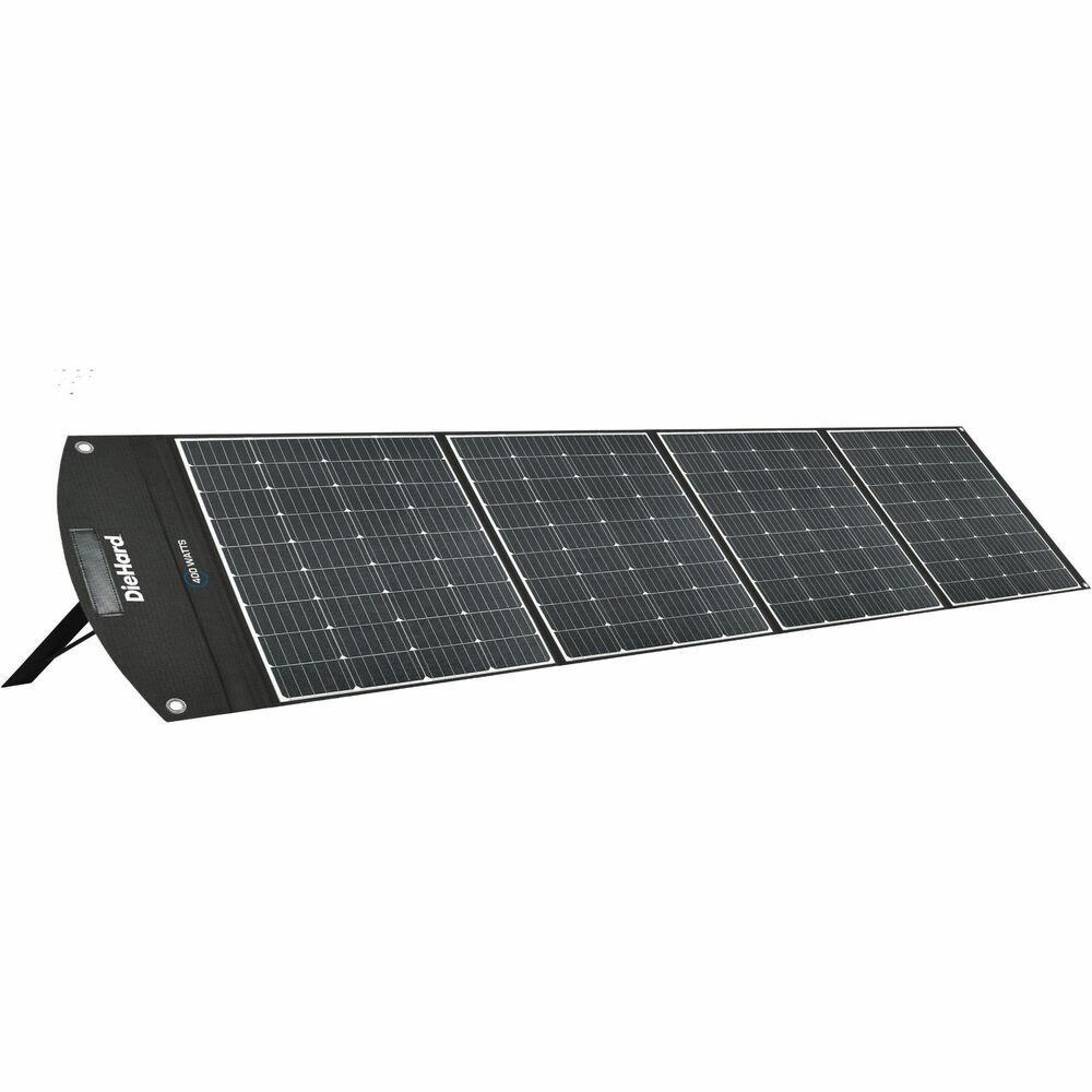 ESMDH2000701 - Portable, 39-volt solar panel is equipped with 400 watts of peak power. Foldable, flexible design is IP65 water-resistant and includes a 9.8' universal connector cable and an angle-adjustable stand. It is the perfect companion to a DieHard portable power station (not included), giving you green power wherever you need it. Unit operates in all types of weather and withstands extreme temperatures from 14 degrees to 158 degrees Fahrenheit.