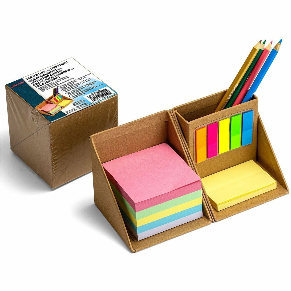 OIC21559 - Recycled storage cube that unfolds to display an assortment of sticky notes and a pen holder. Add a touch of "you" to each cube that comes as a blank canvas with unlimited possibilities for personalization. Includes 500 3" x 3" Sticky Notes - 5 Assorted Colors, 100 3" x 2" Sticky Notes, and 100 ½" x 1¾" Page Markers, Assorted Colors. Storage cube made from 100% recycled materials. Built-in utensil holder for pens, pencils, scissors, etc. Perfect for office, home, school, and classroom.   