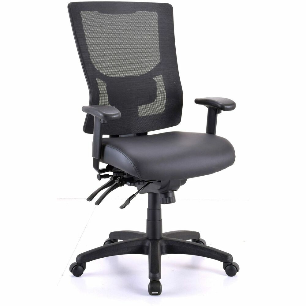 LLR62040 - Conjure High-Back Office Chair offers enhanced features to improve your workday including an antibacterial vinyl seat and high customization. Foam seat is upholstered in antibacterial polyurethane. Built-in ratchet back and lumbar support adjust in height to better position the high-strength, breathable mesh back. Arms softly padded with polyurethane adjust in height and width. Seat slider function adjusts the seat depth so you can move it forward or back and then lock it into position. You can also adjust the back angle, seat angle, seat height and forward tilt. Other functions include tilt tension adjustment and 360-degree swivel. The back-only tilt range spans from -8 degrees to 5 degrees. The tilt range with Seat Tilt feature spans from -3 degrees to 15 degrees. Reinforced nylon base is equipped with nylon casters for easy mobility. Weight capacity is 275 lb.