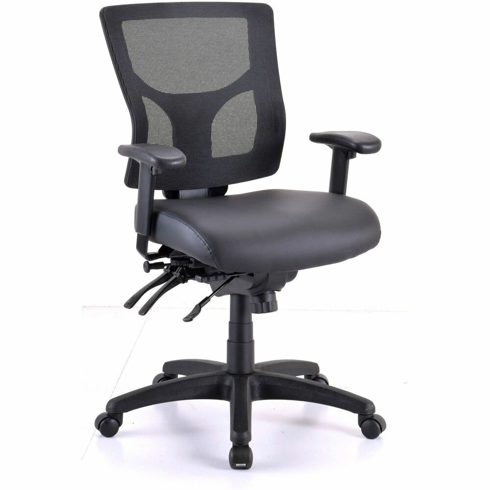 LLR62041 - Conjure Mid-Back Office Chair offers enhanced features to improve your workday including an antibacterial vinyl seat and high customization. Foam seat is upholstered in antibacterial polyurethane. Built-in ratchet back and lumbar support adjust in height to better position the high-strength, breathable mesh back. Arms softly padded with polyurethane adjust in height and width. Seat slider function adjusts the seat depth so you can move it forward or back and then lock it into position. You can also adjust the back angle, seat angle, seat height and forward tilt. Other functions include tilt tension adjustment and 360-degree swivel. The back-only tilt range spans from -8 degrees to 5 degrees. The tilt range with Seat Tilt feature spans from -3 degrees to 15 degrees. Reinforced nylon base is equipped with nylon casters for easy mobility. Weight capacity is 275 lb.