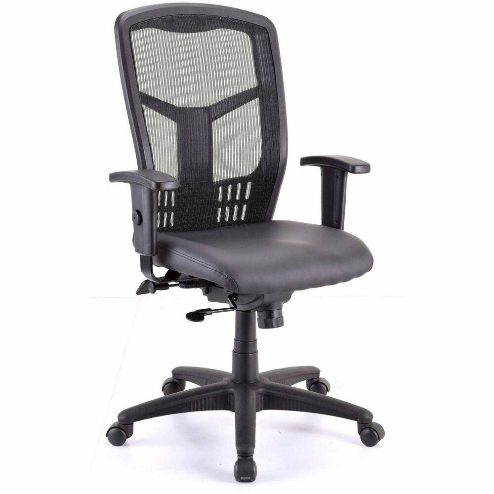 LLR86245 - Executive High-back Swivel Chair cradles you during a hard day at work. Ergonomic mesh back supports the natural curvature of your back for less strain during work at the computer or meetings at your desk. Synchronized control tilt reclines the back at a 2-to-1 ratio to the seat angle so you can find the perfect position and relax. Adjust the seat at the depth you need with the seat-glide mechanism. It allows the cushioned seat upholstered in antimicrobial vinyl to travel forward, back and lock into your preferred position. Arms with polyurethane padding adjust in height and width. Other functions include pneumatic seat-height adjustment from 18" to 21-1/2" , 360-degree swivel and tilt tension. Five-star nylon base is equipped with smooth-rolling casters for easily moving the chair where needed. Weight capacity is 275 lb. High-back chair meets the CA117 fire-retardant standard.