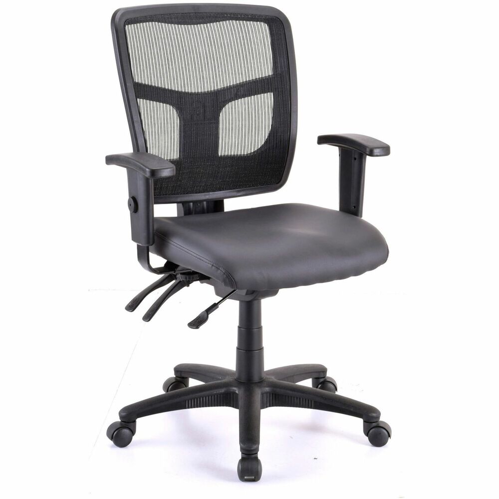 LLR86241 - Managerial Mid-back Chair with Antimicrobial Seat features a mesh back for conforming comfort. Ergonomic mid-back matches the natural curvature of a person's back. Thick seat cushion is upholstered in healthcare-grade, antimicrobial vinyl so the chair lasts longer and it's easier to clean. Multifunction control adjusts seat and back angles independently with two levers for infinite locking within a fixed range. For more individualized comfort, arms adjust in height and width. Mid-back chair also offers a five-star nylon base, pneumatic seat-height adjustment (17" to 20-9/10" high from the floor), 360-degree swivel, back-height adjustment, tilt and asynchronous three-lever control. Frame is available in black only. Chair meets the CA117 fire-retardant standard and offers an abrasion rating of 60,000 double rubs (ASTM-D-4175).