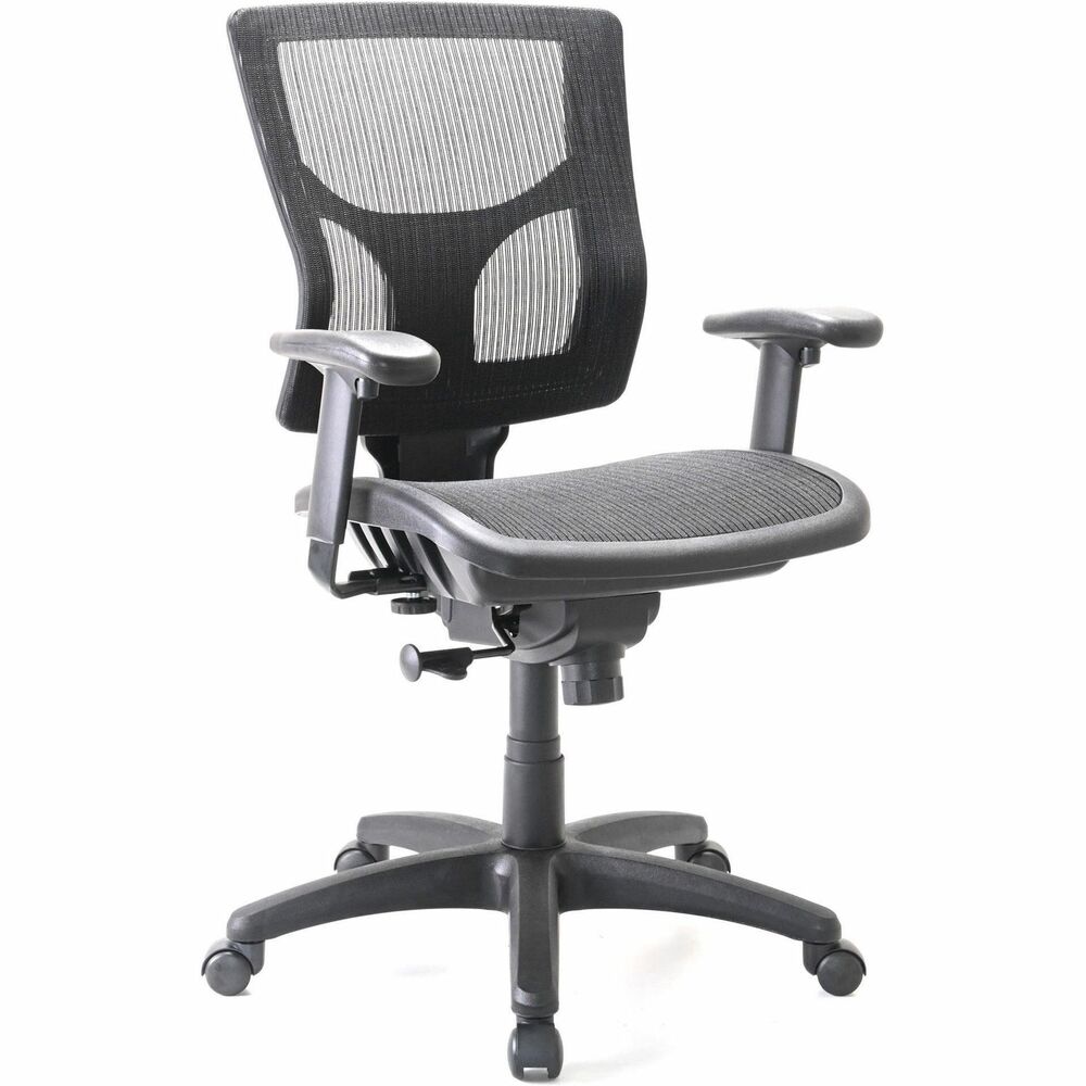 LLR62014 - Conjure Mesh Task Chair caters to your comfort. High-strength breathable mesh on both the back and seat cradles your body. Arms, seat and built-in ratchet back all adjust in height for just the right positioning to take on the day. Arms also adjust in width and feature soft polyurethane pads for cushioned support. Synchronized mechanism allows seat and back to adjust at the same time and can be locked in any position. Other functions include tilt tension adjustment and 360-degree swivel. Reinforced nylon base is equipped with nylon casters for easy mobility. Weight capacity is 275 lb.