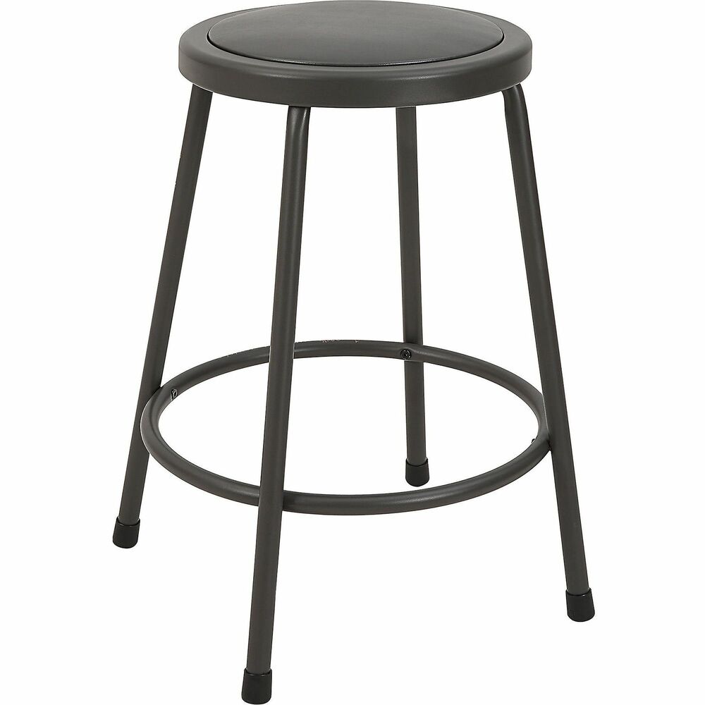 LLR83081 - Metal Shop Stool is ideal in the shop, garage, science/art lab, factory floor or anywhere else where durability matters most. It stacks to save space. Backless design offers 360-degree access for easier seating. Riveted to the seat pan at 24" high, the padded vinyl seat stays in place. Built-in foot ring provides a place to rest your feet when seated. Nonmarring floor glides protect your floors when you need to slide it to the next workstation. Weight capacity is 275 lb. Stool meets or exceeds ANSI/BIFMA standards.