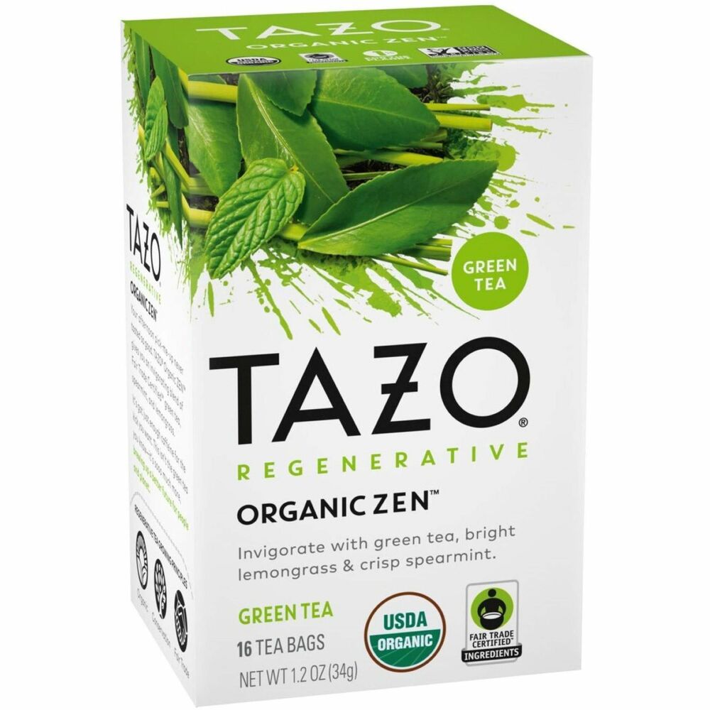 TZO00309 - For an afternoon pick-me-up, Regenerative ZEN tea combines organic, Fair Trade Certified green tea with crisp spearmint, lemon verbena and zesty lemongrass for an extra-invigorating sip. Because it's made from ingredients grown with regenerative agriculture practices, it's better for the people who produce the tea and the land where it's grown. For best brewing of this caffeinated green tea, boil fresh, filtered water to 175 degrees and allow to cool slightly. Then pour 8 oz. of this water over the tea bag in a cup. Let steep for 3 minutes.