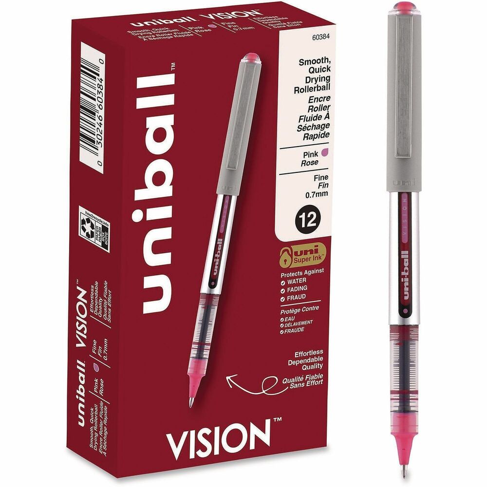 UBC60384 - Make your everyday writing experience easy with the effortless, dependable performance of Vision Rollerball Pens. Fine point (0.7mm) delivers an even, liquid ink laydown for reliably smooth, vivid lines and a rich color for improved clarity and readability. Capped, archival-quality, acid-free pens are great for all writing tasks including note-taking and record-keeping. Innovative, uni Super Ink technology forms a bond with paper to minimize the risk of check washing or document fraud and protects against water and fading. Exclusive, uni-Flow Ink System ensures a consistent, fluid writing experience. Translucent window ensures that you don't run out of ink unexpectedly. Enjoy beautiful, clean lines and give your ideas a burst of color with these classic, rollerball pens.