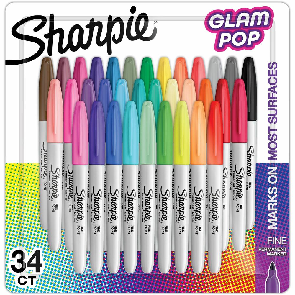 SAN2185331 - Glam Pop Permanent Markers incorporate bright shades of each hue to inspire imaginative energy and encourage confident, colorful creations. Vivid, brilliant colors create eye-popping, vibrant impressions. Remarkably resilient ink dries quickly, resists fading and water, and marks on most surfaces. Fine tip produces detailed lines and markings. More from the Manufacturer