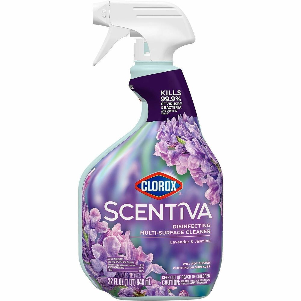 CLO60523 - Clorox Scentiva Multi-Surface Cleaner combines the trusted cleaning and disinfection power of Clorox with the captivating scent of Lavender and Jasmine to transform your entire home and elevate your cleaning experience. Bleach-free, multipurpose cleaning spray powers through tough grease and grime with ease. Use it all around the office, including kitchen counters, cabinets, floors, bathroom toilets, sinks and tubs to quickly spray away an array of messes. Cleaner is safe to use on most surfaces, including stainless steel, glazed ceramic tile, finished wood and around pet areas. Disinfectant spray eliminates 99.9 percent of germs, including the COVID-19 virus, when used as directed on hard, nonporous surfaces while filling your home with uplifting, long-lasting scents. It kills SARS-CoV-2 on hard, nonporous surfaces.