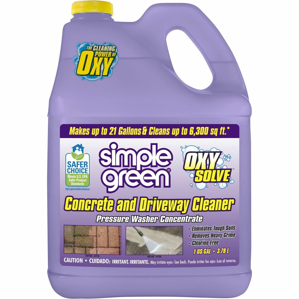 SMP18233CT - OxySolve Concrete and Driveway Cleaner lifts and powers away tough oil stains, grease, automotive fluids, tire marks, exhaust buildup and more. This pressure washer concentrate is ideal for cleaning driveways, walkways, patios and masonry with a fast-acting foam that uses the power of peroxide to clean without bleach. This formula meets the rigorous criteria of the U.S. EPA's Safer Choice Program and can be used around plants, lawns, pets or wildlife. This product is also Safer Choice Direct Release Certified for release into the environment including contact with oceans, lakes, rivers, streams and land. Brighten and renew surfaces without harmful chemicals while eliminating discoloration from algae, moss, mold and mildew stains.