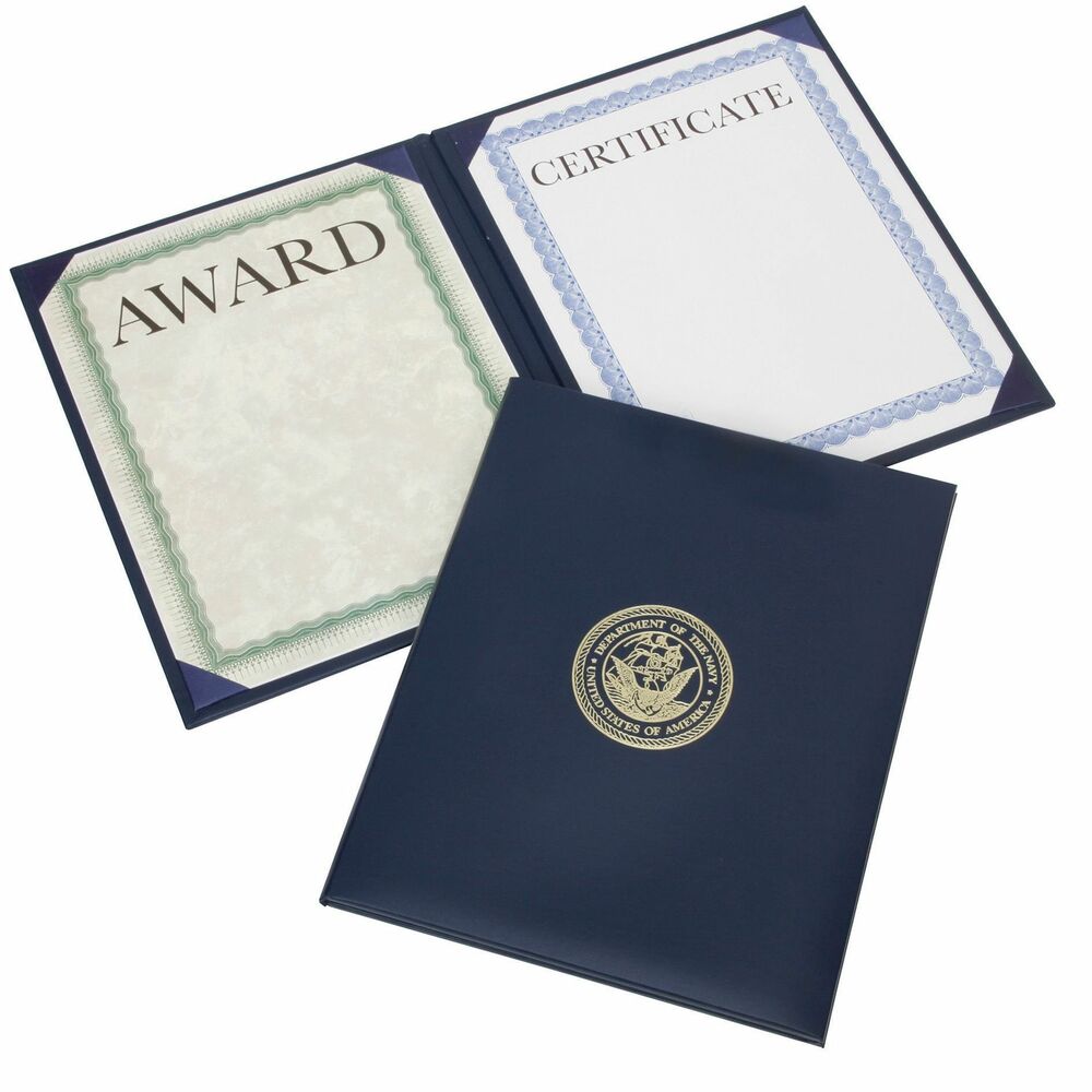 NSN7141364 - Honor worthy recipients with an elegant reward. Presentation binder for award certificates displays military-specific seal embossed on the center front cover. Inside corner pockets and transparent protective sheets hold two certificates on the front and back cover.   