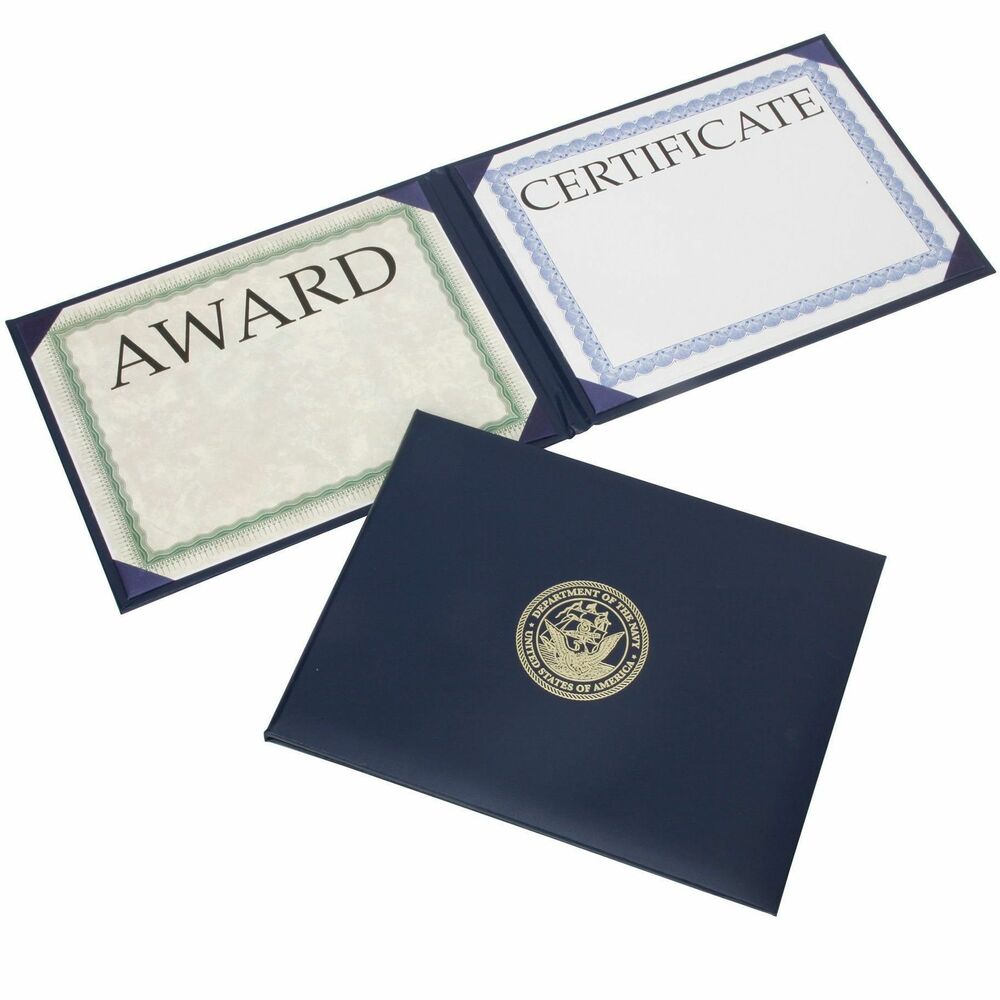 NSN7141363 - Honor worthy recipients with an elegant reward. Presentation binder for award certificates displays military-specific seal embossed on the center front cover. Inside corner pockets and transparent protective sheets hold two certificates on the front and back cover.   