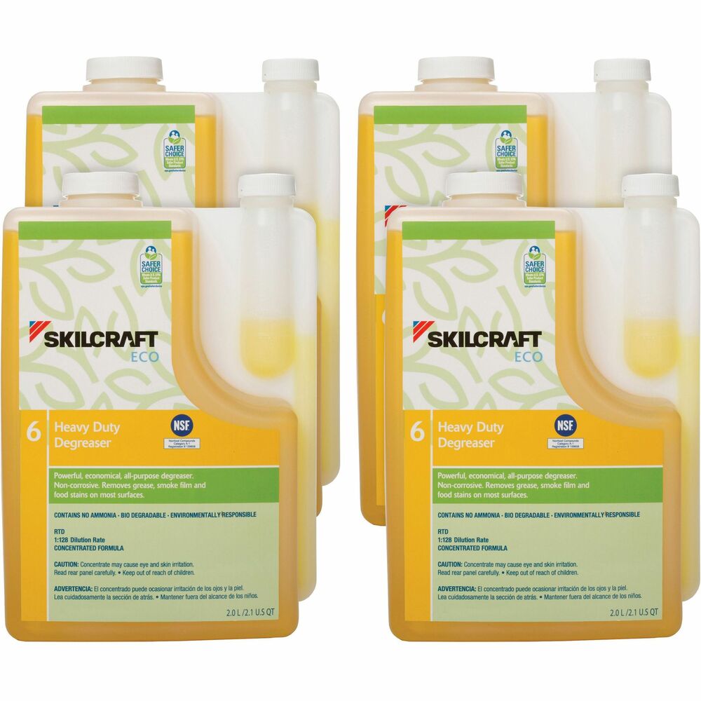 NSN7149188 - Heavy-Duty All-Purpose Degreaser removes grease, smoke film and food stains on most surfaces. Noncorrosive, powerful, cost-effective solution is EPA Safer Choice certified, NSF-registered and low-foaming. Each 2-liter bottle produces approximately 240 bottles of 32 oz. ready-to-use product with a dilution rate of 1:128. Use SKILCRAFT 1:128 Handheld Dilution Dispenser (not included) to easily dispense.   