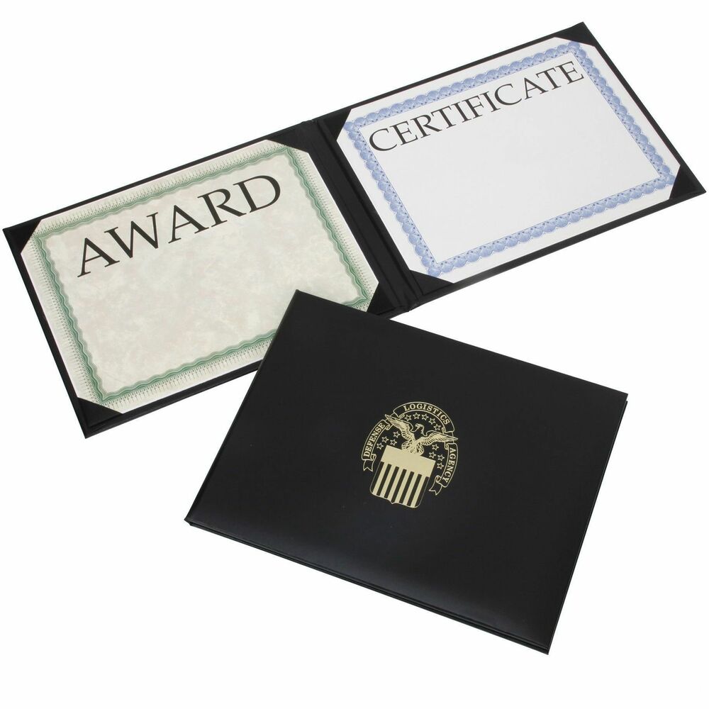NSN7145933 - Padded Award Certificate Binder with a satin finish is embossed with a seal centered on the front cover. It features corner ribbons on white silk moire board. Transparent protective sheets display two 8-1/2" x 11" certificates.   