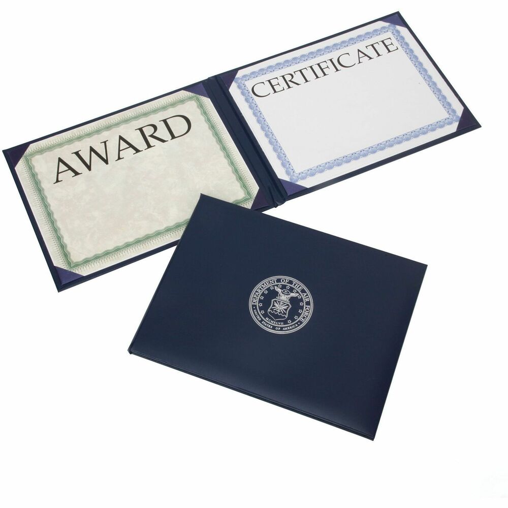 NSN7145931 - Honor worthy recipients with an elegant reward. Presentation binder for award certificates displays military-specific seal embossed on the center front cover. Inside corner pockets and transparent protective sheets hold two certificates on the front and back cover.   