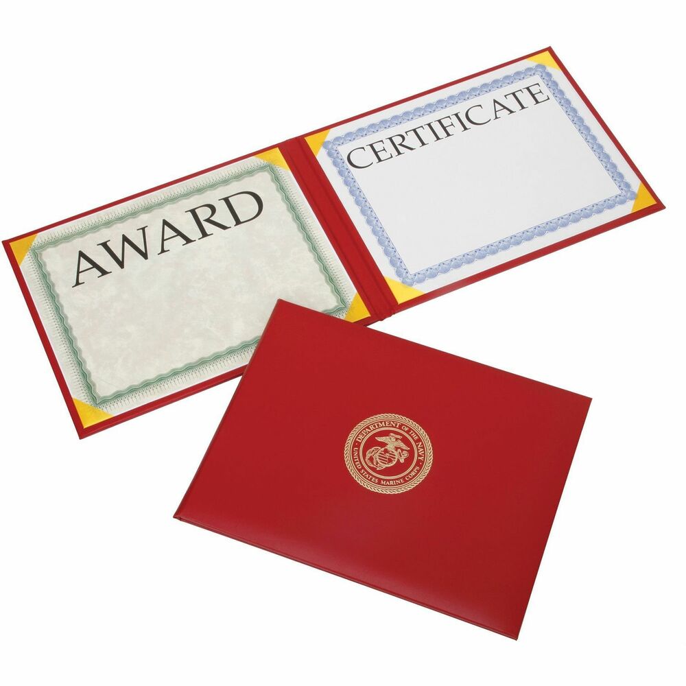 NSN7146630 - Padded Award Certificate Binder with a satin finish is embossed with a seal centered on the front cover. It features corner ribbons on white silk moire board. Transparent protective sheets display two 8-1/2" x 11" certificates.   