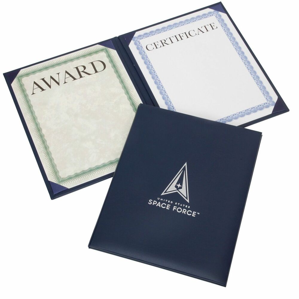 NSN7148885 - Padded Award Certificate Binder with a satin finish is embossed with a seal centered on the front cover. It features corner ribbons on white silk moire board. Transparent protective sheets display two 8-1/2" x 11" certificates.   