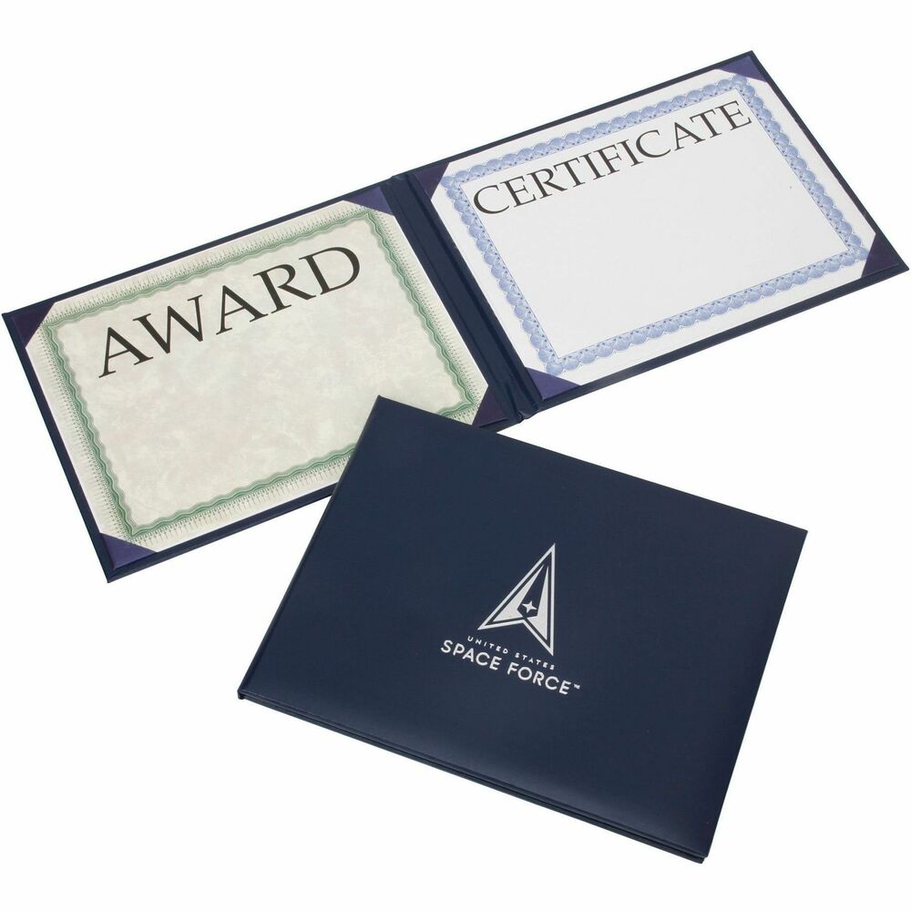 NSN7148886 - Padded Award Certificate Binder with a satin finish is embossed with a seal centered on the front cover. It features corner ribbons on white silk moire board. Transparent protective sheets display two 8-1/2" x 11" certificates.   